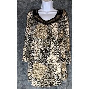 Elementz Leopard Print Ruffle Collar Long Sleeve Shirt Women's Size L